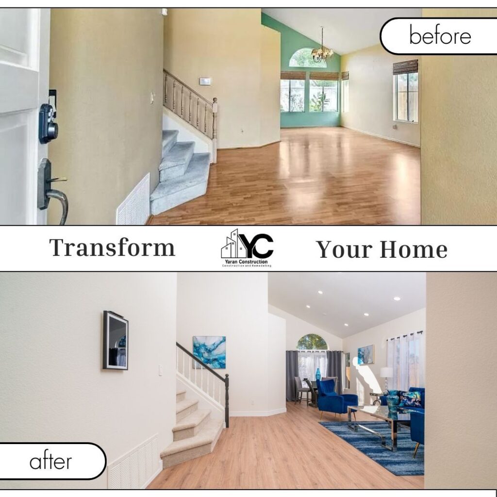 Before and after home renovation comparison showing a transformed living area with new flooring, lighting, and updated interior design.