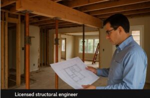 Structural engineer reviewing architectural plans inside a residential remodel