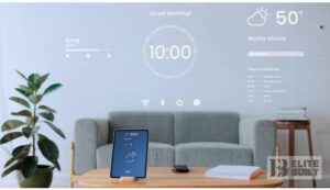 A modern living room with a smart home display projected on the wall showing time, weather, music controls, and a tablet on the table.